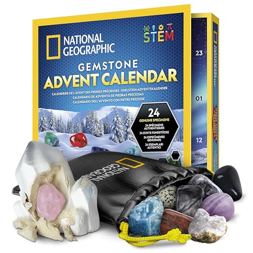 NATIONAL GEOGRAPHIC Edelstein-Adventskalender 2024 - Adventskalender für Kinder mit 24 Edelsteinen zum täglichen Öffnen, vollständige Steinsammlung, Mini-Edelstein-Grabungsset