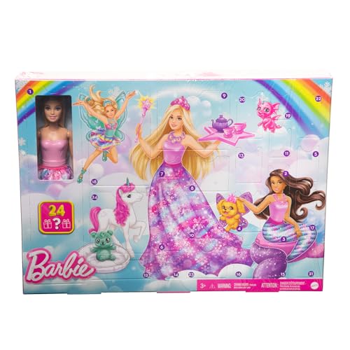 Barbie Dreamtopia Märchen-Adventskalender mit Puppe und 24 Überraschungen wie Haustieren, Moden und Accessoires, HVK26