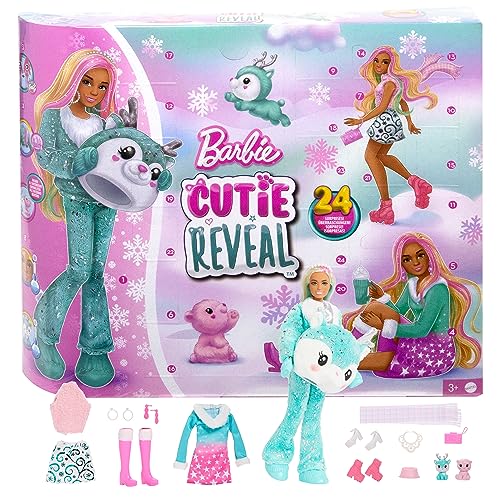 Barbie Cutie Reveal Adventskalender - 24 Überraschungen, Puppe, Glitzerrentier, Winteroutfits, Accessoires, Minihaustiere, für Kinder ab 3 Jahren, HJX76